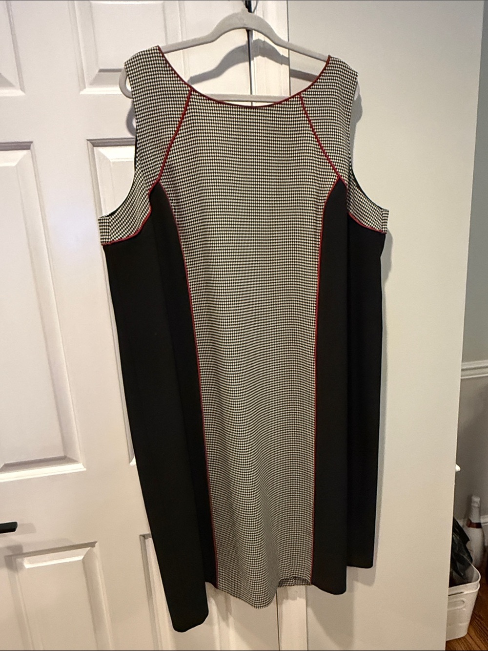 Black and White Houndstooth Cold-Shoulder Shift Dress with Red Trim